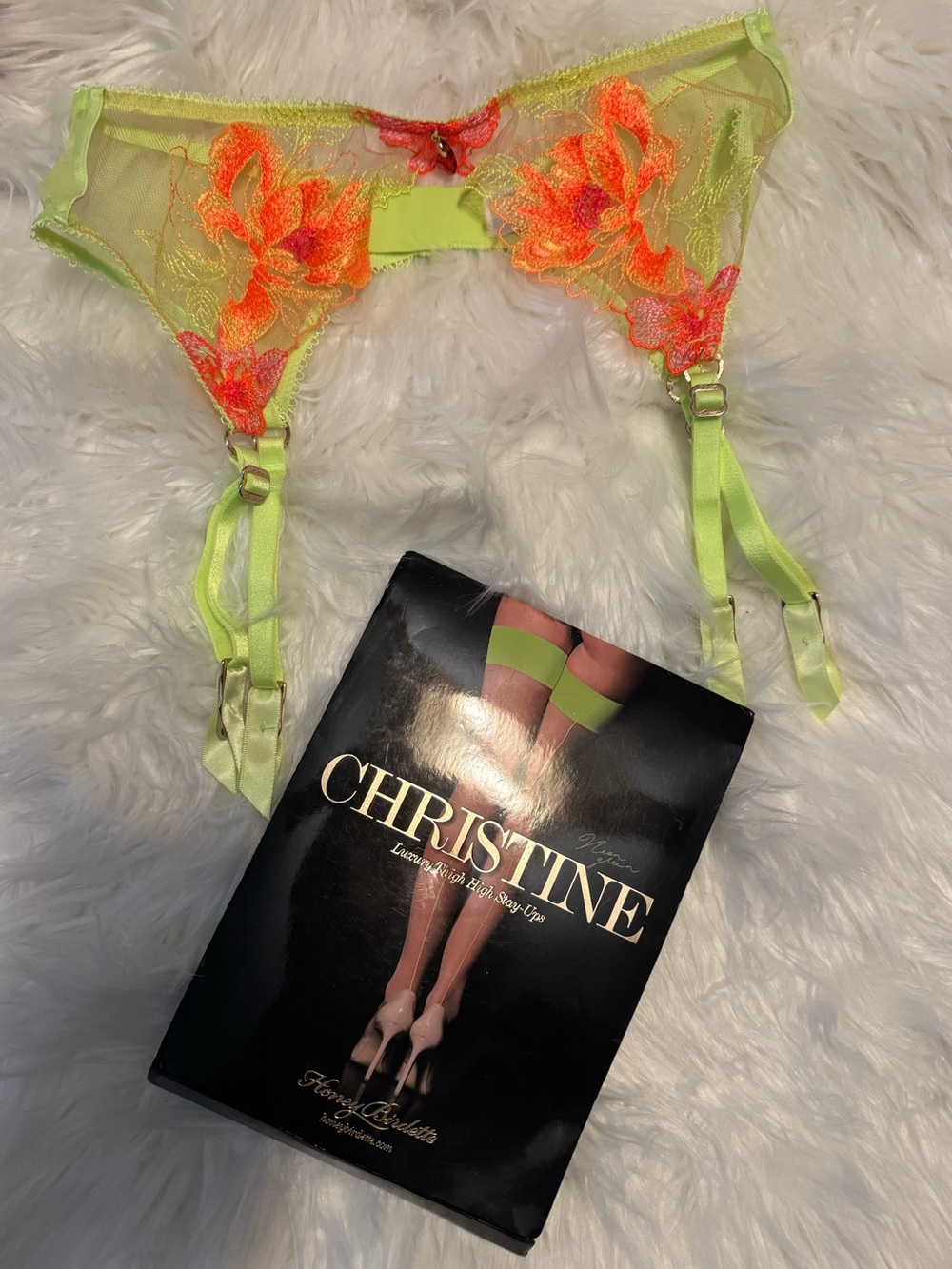 Honey Birdette Christine Lime Garter and Stockings (Stayups) Large